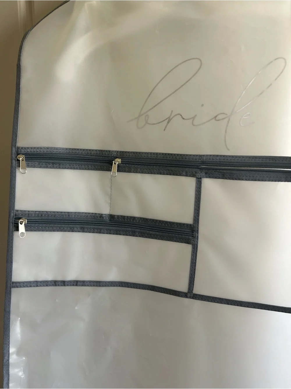 David's Bridal White Garment Bag with Gray Trim and 'Bride' Script